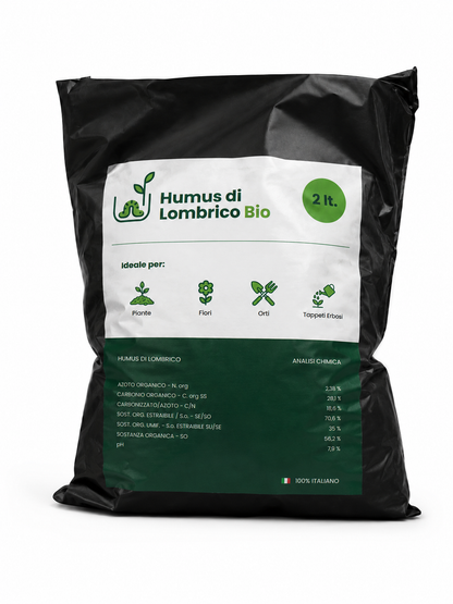 Sacco da 2 litri di humus di lombrico italiano: vermicompost biologico per piante in vaso, balcone e piccoli orti